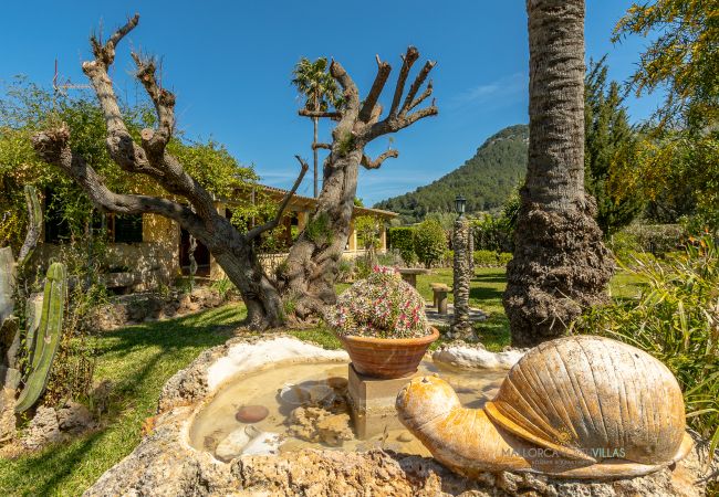 Fuente y jardín en La Sort Llarga Pollença Detalle de fuente y caracol de piedra en el jardín de La Sort Llarga