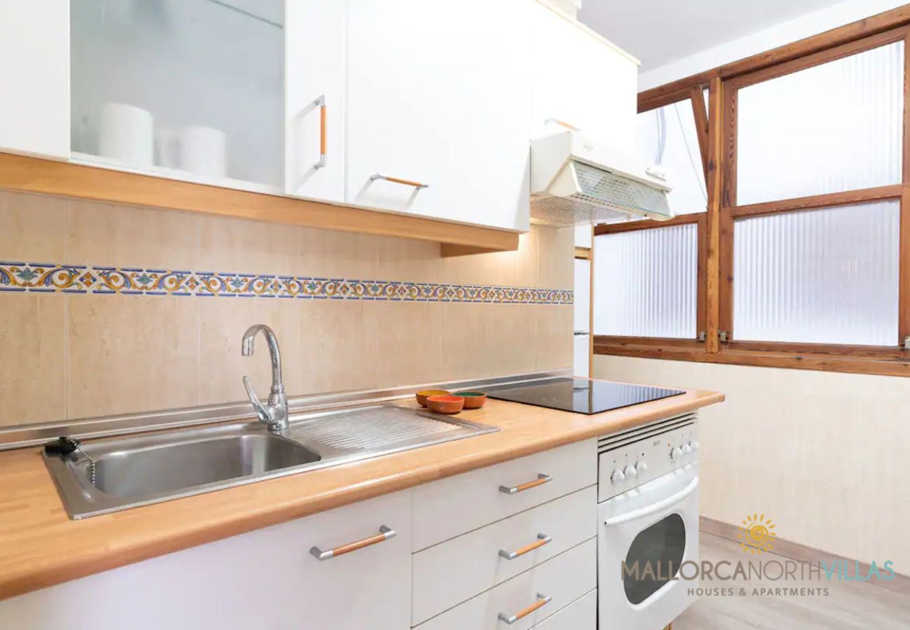 Detalle de cocina con vitrocerámica Encimera con fregadero, placa y campana