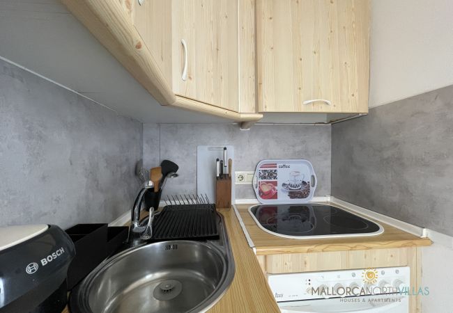 Kitchen detail with sink and stovetop Stainless steel sink with drainer, stovetop, and wooden cabinets in a compact kitchen.