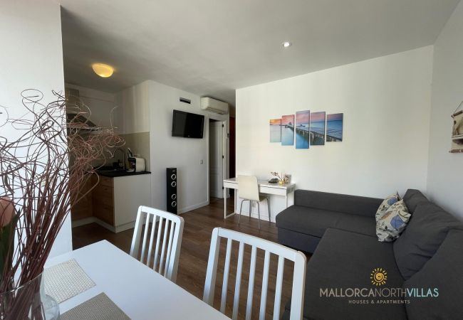 Modern Apartment with Open Kitchen and Cozy Living Room Bright apartment with an open kitchen, sofa, dining table, and nautical decor. Cozy and functional